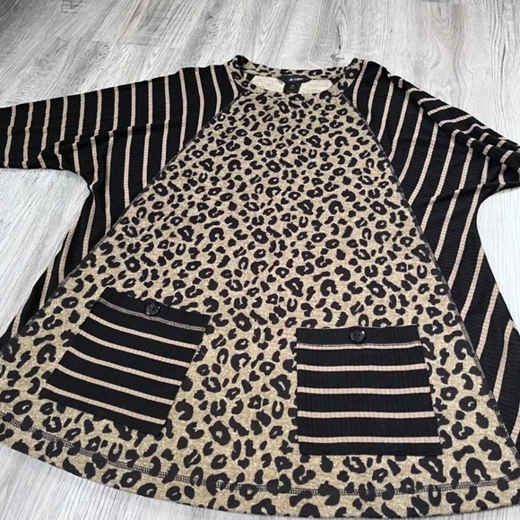 Ali Miles Tunic Shirt Womens M leopard Print Striped Ribbed Raglan Sleeve Pocket - Picture 8 of 9